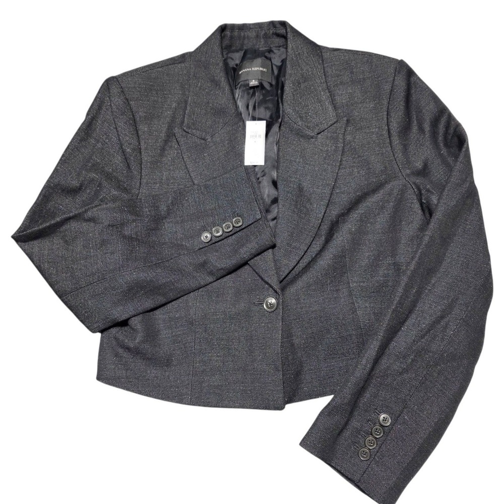 Banana Republic‎ Blazer Women 8 Black Wool Linen Cropped One Button Career NWT